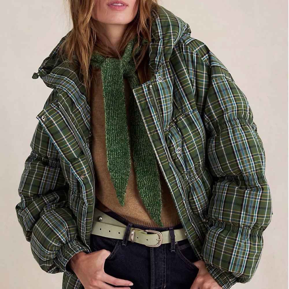 Free People Green Plaid Puffer Jacket